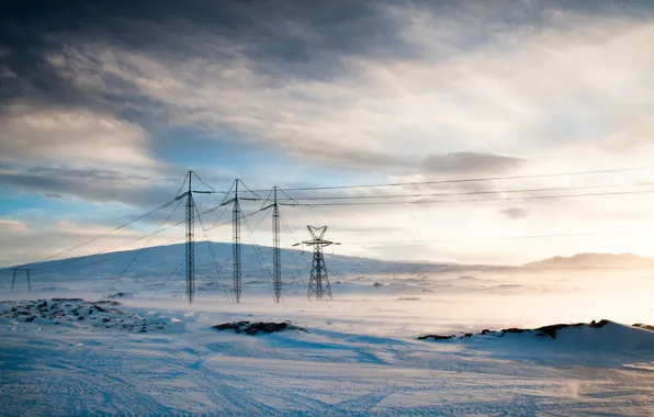 Winter, field, power lines