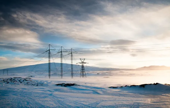 Picture winter, field, power lines