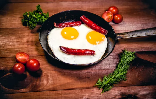 Greens, creative, table, eggs, smile, pepper, scrambled eggs, tomatoes