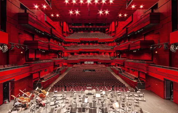 Picture lights, music, red, opera, architecture, stage, theater, seats