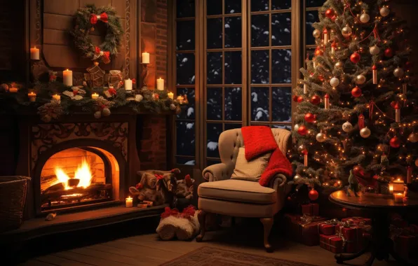 Decoration, heat, chair, candles, Christmas, gifts, New year, fireplace