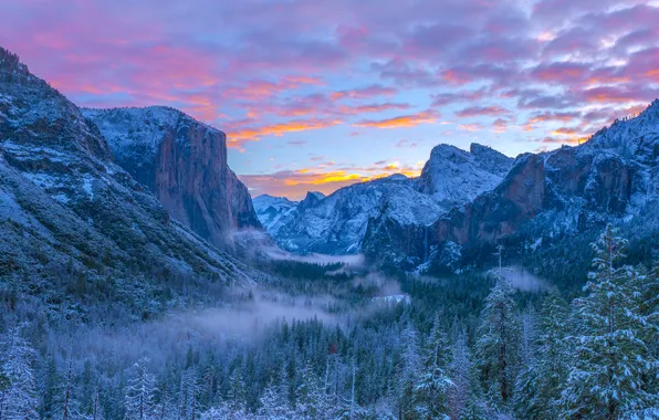 Winter, the sky, clouds, snow, trees, sunset, mountains, blue