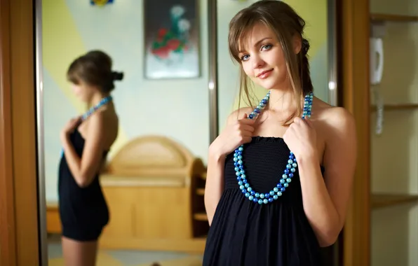 Picture look, girl, smile, picture, dress, mirror, beads, brown hair