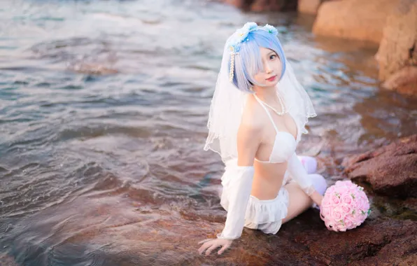 Pose, underwear, Asian, a bouquet of flowers, blue hair, boulders, cosplay, coast