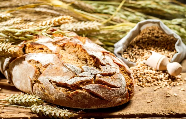 Picture wheat, table, grain, spikelets, bread, ears, pouch, rye