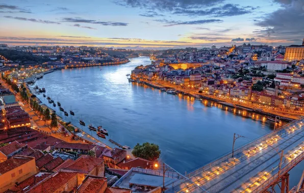 Picture bridge, river, building, ships, the evening, Portugal, Lisbon, Portugal