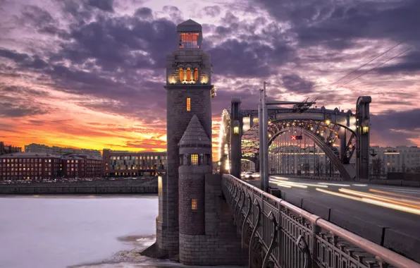 Sunset, bridge, river, tower, Saint Petersburg, Russia, The Neva River, Bolsheokhtinsky bridge
