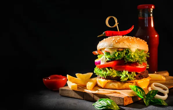Picture food, hamburger, ketchup, French fries, cutting Board