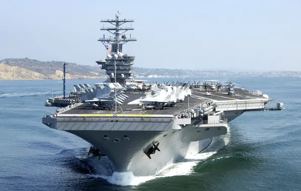 Picture the ocean, helicopters, fighters, the carrier, deck, Multipurpose, type "Nimitz", The lead ship