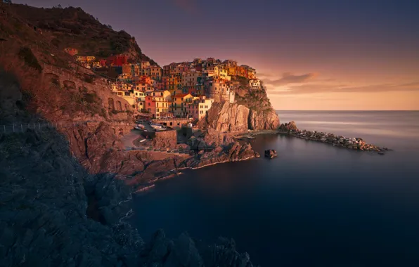 Sea, sunset, the city, rocks, shore, home, Italy, Manarola