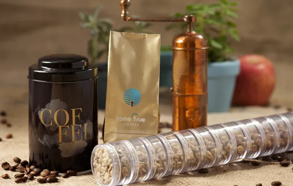 Box, coffee, coffee beans, packaging, coffee grinder