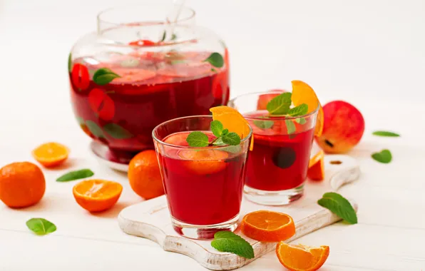 Red, Wine, glasses, drink, pitcher, fruit, mint, Sangria