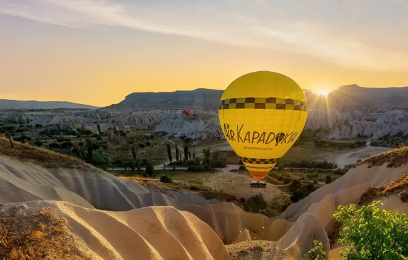 The sky, mountains, yellow, balloon, balloons, ballooning, Turkey, balloons