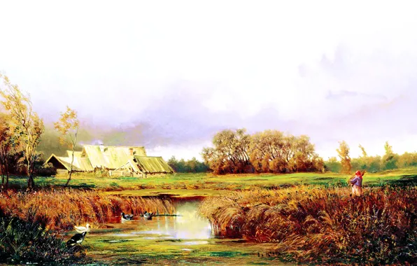 Picture autumn, pond, oil