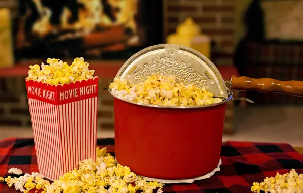 Picture room, fireplace, plaid, food, popcorn, room, popcorn