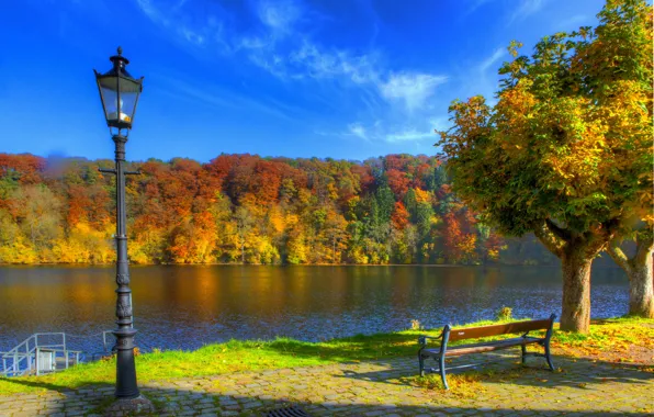 Picture autumn, the sky, trees, bench, nature, river, photo, HDR