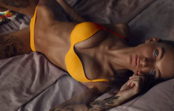 Chest, pose, model, tattoo, blue eyes, beautiful girl, model, tattoo