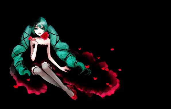 Rose, stockings, petals, hat, black background, vocaloid, sitting, Hatsune Miku