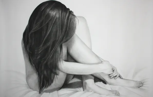 Picture pose, feet, body, bed, pencil, painting, long hair