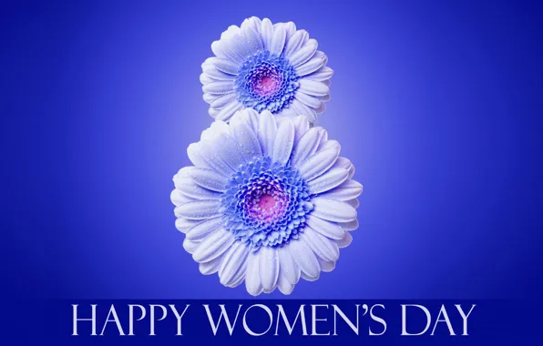 Flowers, the inscription, March 8, blue background, international women's day