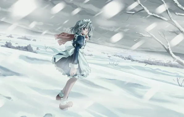 Cold, winter, girl, snow, nature, branch, art, touhou