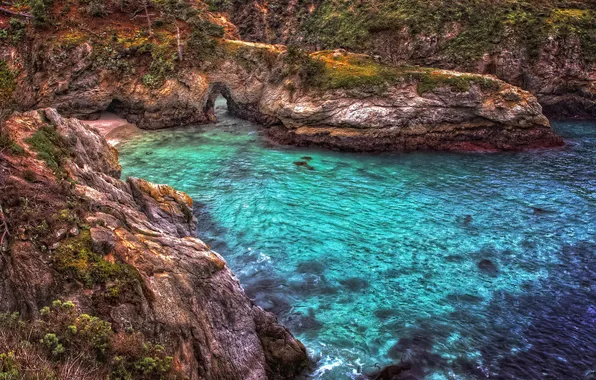 Picture sea, rocks, Bay, Bay, arch, USA, California