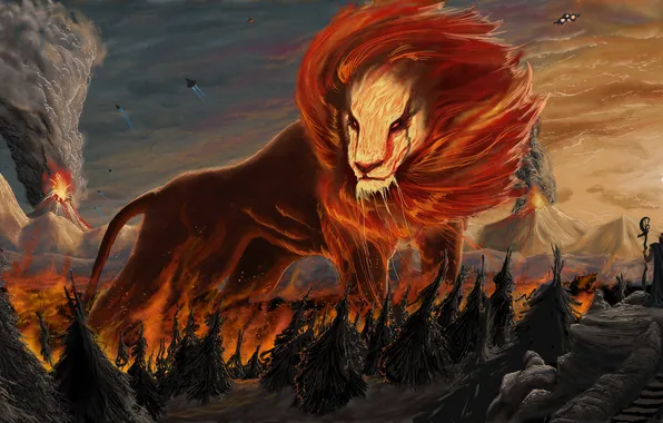 Picture look, fiction, Leo, art, mane, lava, the eruption of the volcano