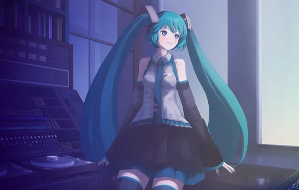 Vocaloid, hatsune miku, sitting, smiling