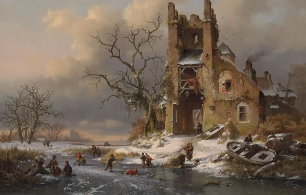 1858, Dutch painter, Dutch artist, oil on canvas, Fredrik Marinus Kruseman, A winter scene with …