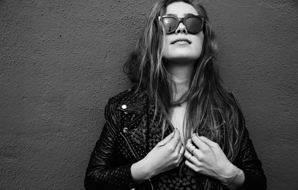 Girl, photo, glasses, jacket, hairstyle, black and white, is, the wall
