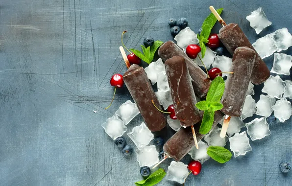 Ice, cherry, blueberries, ice cream, mint, dessert, chocolate