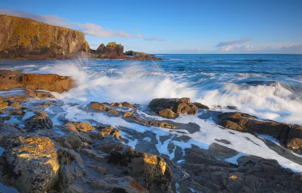 Sea, wave, beach, the sky, clouds, blue, stones, rocks