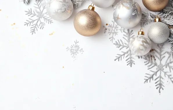 Balls, branches, silver, Christmas, white background, New year, needles, light background