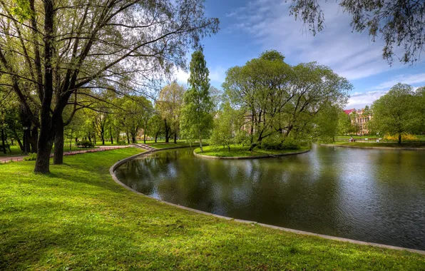 Greens, grass, trees, pond, Park, Saint Petersburg, Russia, Yusupovsky Garden