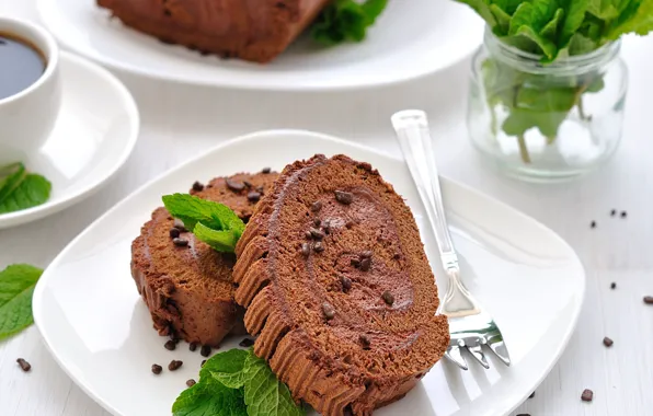 Plate, mint, cream, chocolate, roll