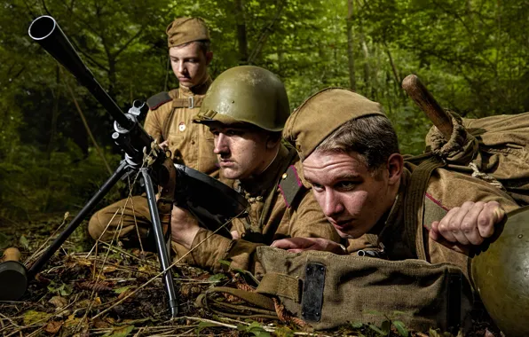 Picture soldiers, The second world, Russian, WWII, machine gun, equipment, ammunition, Soviet