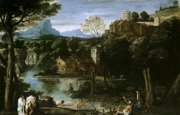 Picture trees, mountains, lake, people, picture, Landscape with Bathers, Agostino Carracci