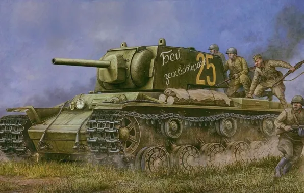 Picture war, art, tank, infantry, Soviet, contraataca