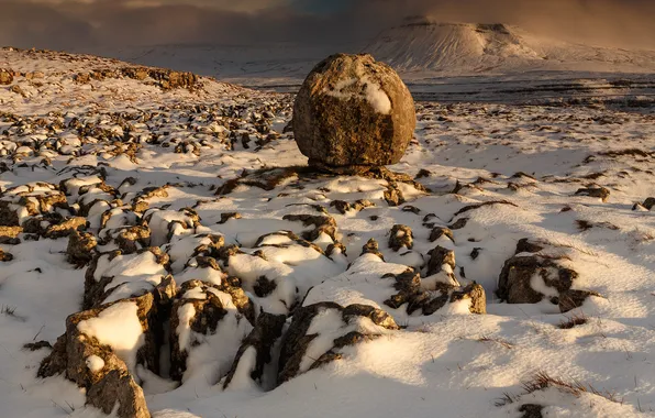 Picture winter, snow, mountains, stones, England, Ingleborough, The Yorkshire Dales