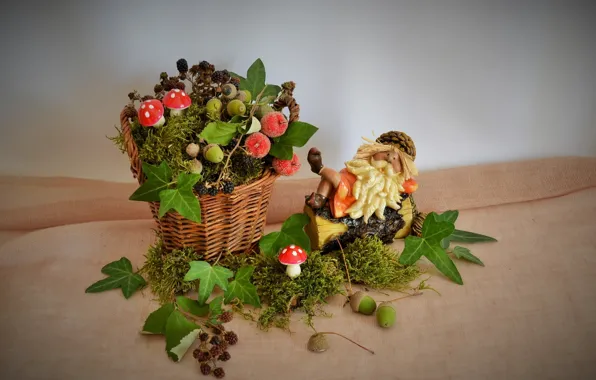Mushrooms, moss, Amanita, figurine, leaves, basket, composition, acorns