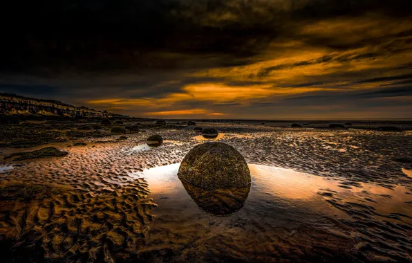 Sea, the sky, sunset, clouds, stones, shore