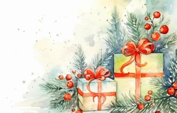 Branches, berries, fruit, Christmas, gifts, New year, needles, bows