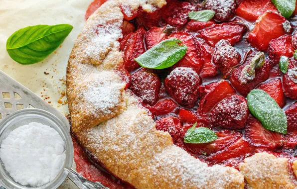 Food, strawberry, pie, leaves, cakes, powdered sugar, strawberry