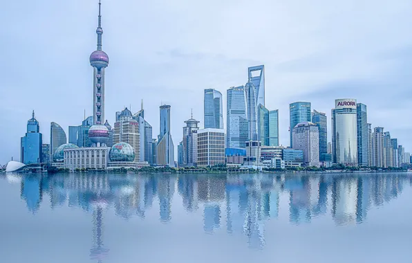 Water, reflection, river, China, building, China, Shanghai, Shanghai