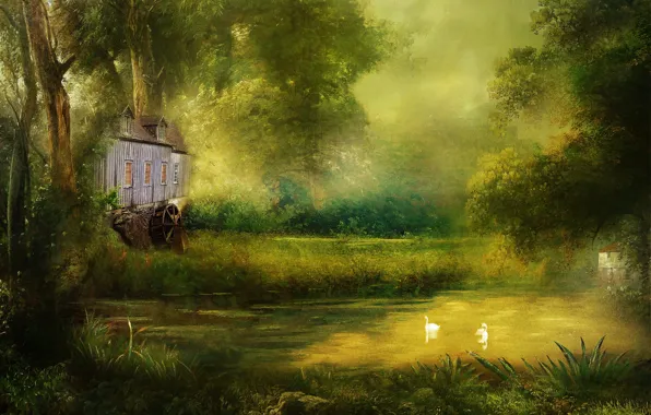 Summer, trees, landscape, nature, pond, rendering, shore, mill
