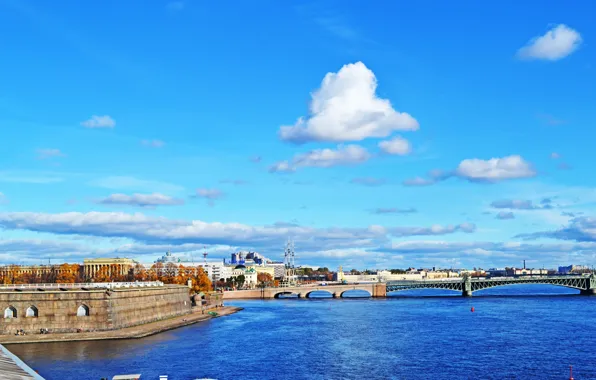 The sun, Clouds, Bridge, Autumn, Saint Petersburg, Peter and Paul fortress, Neva, St.Petersburg