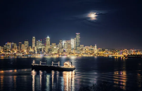Ship, building, Bay, Seattle, night city, skyscrapers, Washington, Seattle