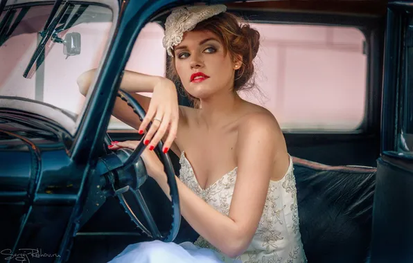 Machine, girl, retro, the wheel, Sergey Rehob