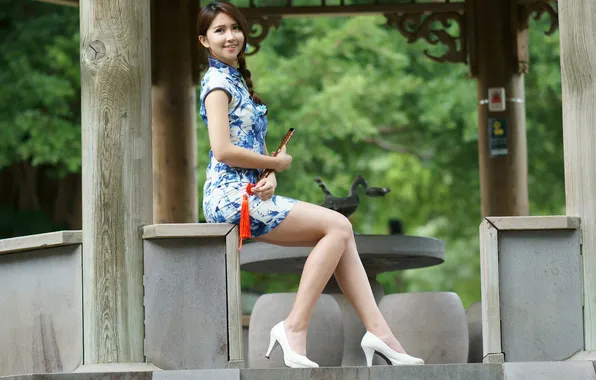 Smile, Asian, Shoes, Dress, Feet, Sitting