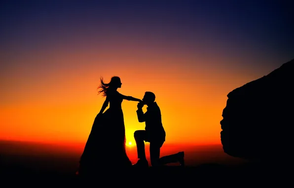 Girl, sunset, kiss, male, silhouettes, a couple in love